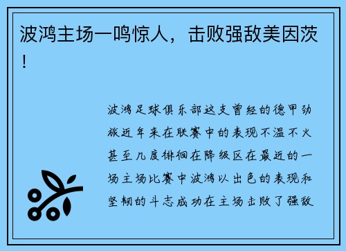 波鸿主场一鸣惊人，击败强敌美因茨！