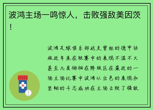 波鸿主场一鸣惊人，击败强敌美因茨！