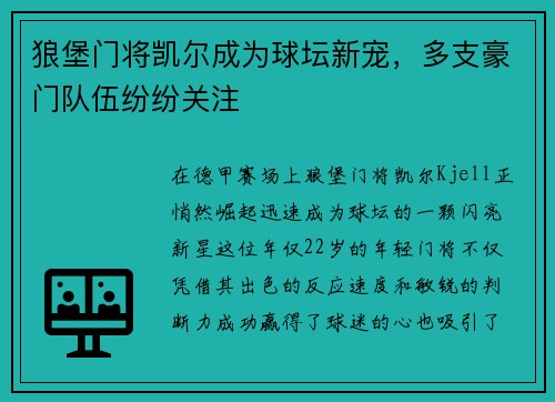 狼堡门将凯尔成为球坛新宠，多支豪门队伍纷纷关注